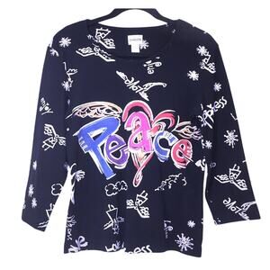 Chico’s Hippie All Over Print Boho Peace Graphic Crew Neck Knit Top Size M (8)